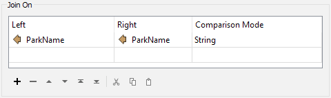 Join On parameter set to ParkName for both Left and Right and the Comparison Mode set to String